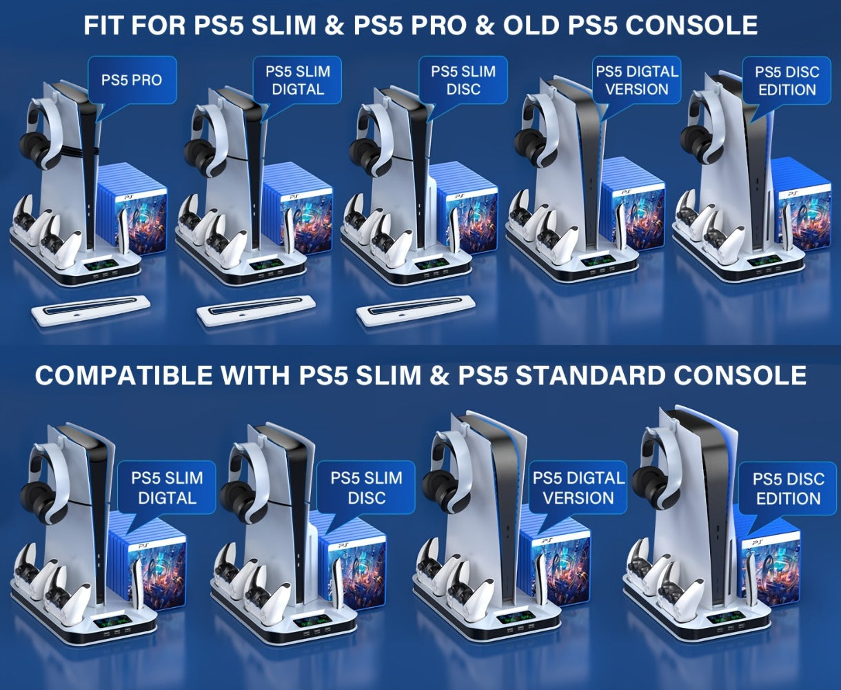 Black Console Cooling Stand Compatible with PS5, Slim and Pro Models, Three Fan Speeds and Dual Controller Dock
