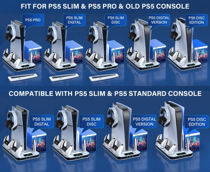 Black Console Cooling Stand Compatible with PS5, Slim and Pro Models, Three Fan Speeds and Dual Controller Dock