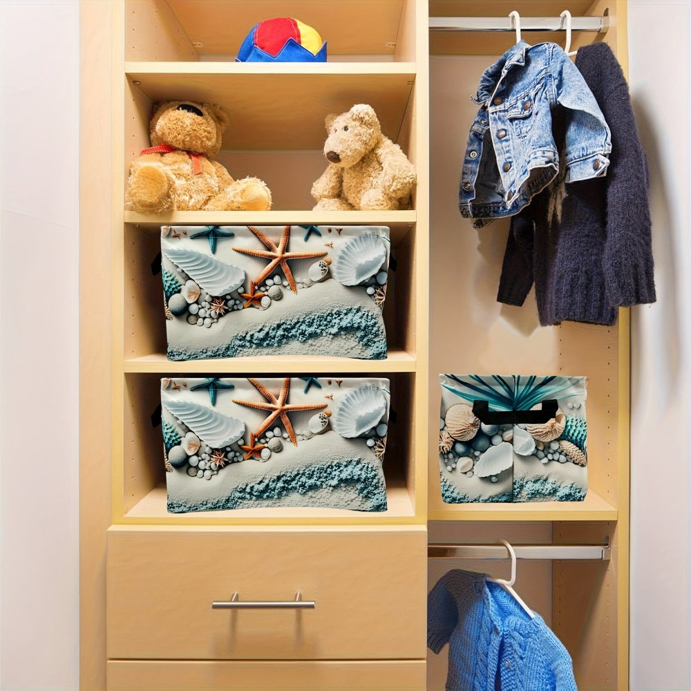 Fabric Storage Basket with Beach Shell and Starfish Print for Shelves and Room Organization