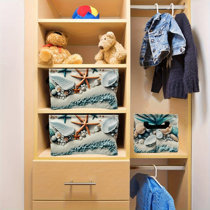 Fabric Storage Basket with Beach Shell and Starfish Print for Shelves and Room Organization