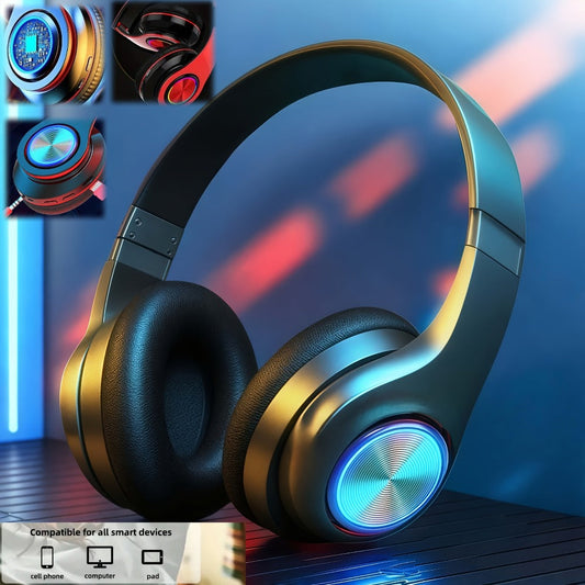 LED Light Over-Ear Wireless Headphones Deep Bass Subwoofer, Active Noise Cancelling Foldable Headset Bluetooth 5.3, Wired & Wireless Dual Mode AUX, USB Rechargeable for Gaming Music Sports