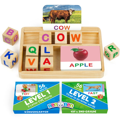 Phonics Word Builder Set with 110 Picture Cards, Ten Letter Blocks and Two-Level Wooden-Look Tray