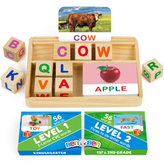 Phonics Word Builder Kit 110+ CVC Flash Cards 10 Letter Blocks Wooden Tray Spelling Matching Game | Learn to Read Toy for Preschool Kindergarten Homeschool Kids Ages 3-6 | Educational Birthday Gift