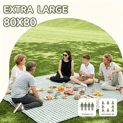 Green Plaid Roll-Up Picnic Blanket with Padded Layers and Carry Straps, 80 x 80in Outdoor Mat
