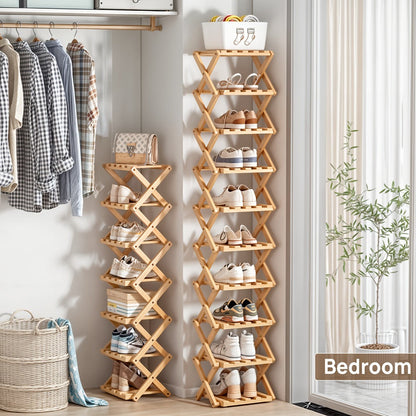 Foldable Bamboo-Labeled Shoe Rack with Six- or Eight-Tier Primary and Brown Checkout Options
