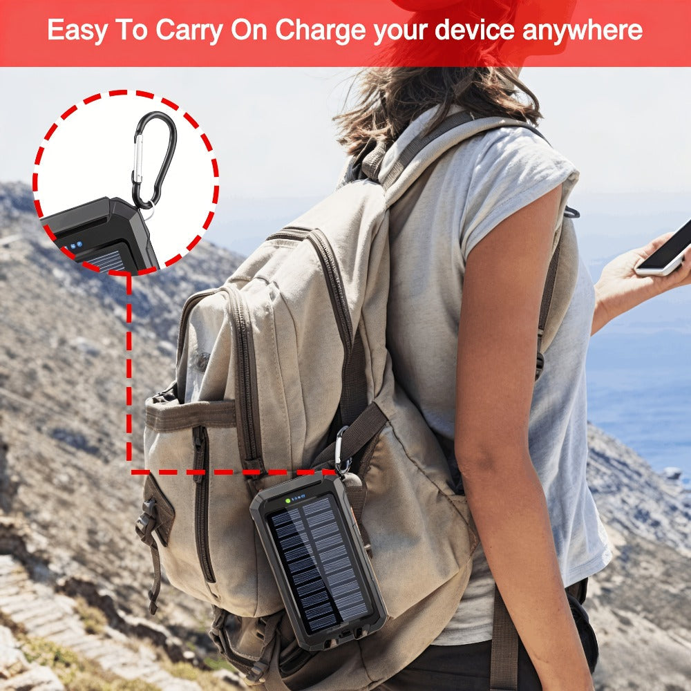 Solar Power Bank 20000mAh Outdoor Portable Charger with LED Flashlight SOS Compass & Carabiner Hook – Dual USB Waterproof Battery Pack for Camping Hiking Backpacking Emergency Survival Gear Gift