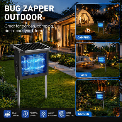 Solar Bug Zapper Pest Control Device with Adjustable Panel, Ground Stake, Wall Mount and USB-C Charging