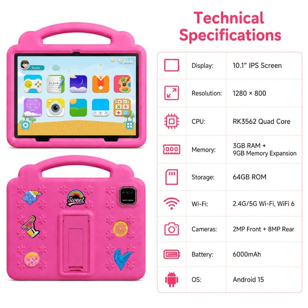 Kids Tablet 10.1 Inch with Android 15, 3GB RAM, 64GB Storage, 1TB Expansion, WiFi 6 and Case