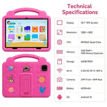 Kids Tablet 10.1 Inch with Android 15, 3GB RAM, 64GB Storage, 1TB Expansion, WiFi 6 and Case