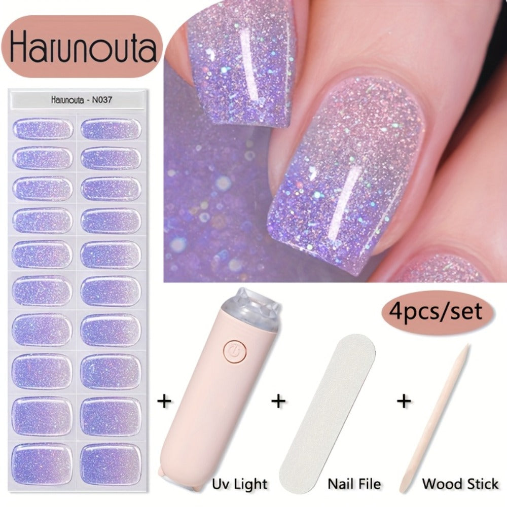 Semi Cured Gel Nail Strips Kit with Handheld LED Nail Lamp — 20 Real Gel Nail Stickers Wraps for DIY Nail Art Manicure at Home, Glitter & Flower Designs, Easy Apply Long-Lasting Chip-Resistant Gel Finish