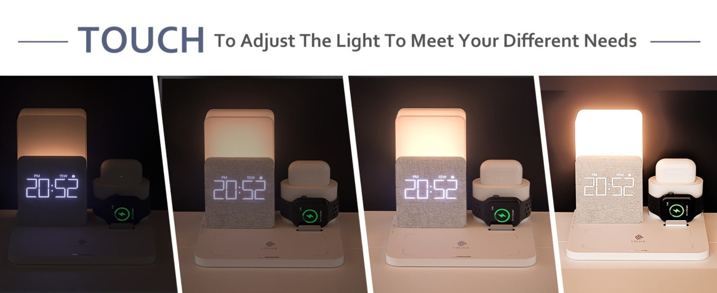 Wireless Charging Station, 3-in-1 Bedside Dock with Alarm Clock for iPhone and Samsung Galaxy Phones
