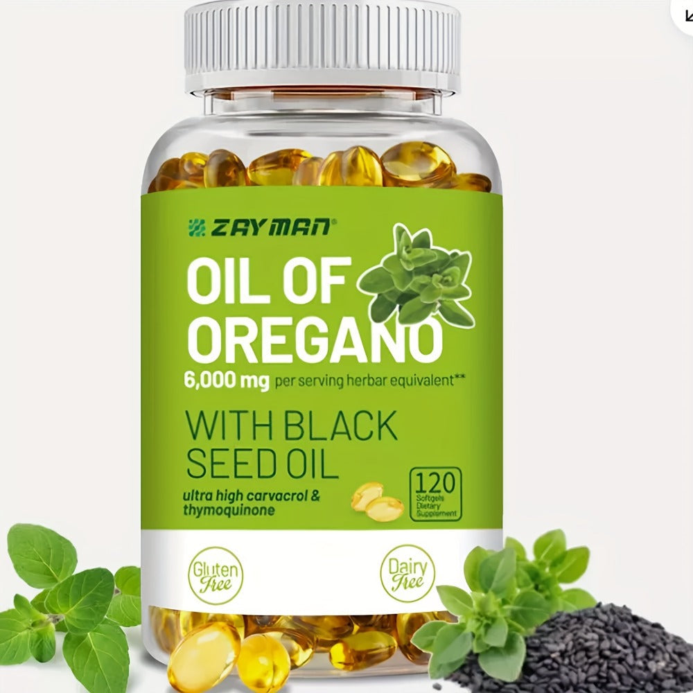 Herbal Supplements with ZEYMAN Label, Oregano Oil 6000mg and Black Seed Oil 200mg Softgels, 120 Count