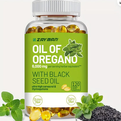 Herbal Supplements with ZEYMAN Label, Oregano Oil 6000mg and Black Seed Oil 200mg Softgels, 120 Count