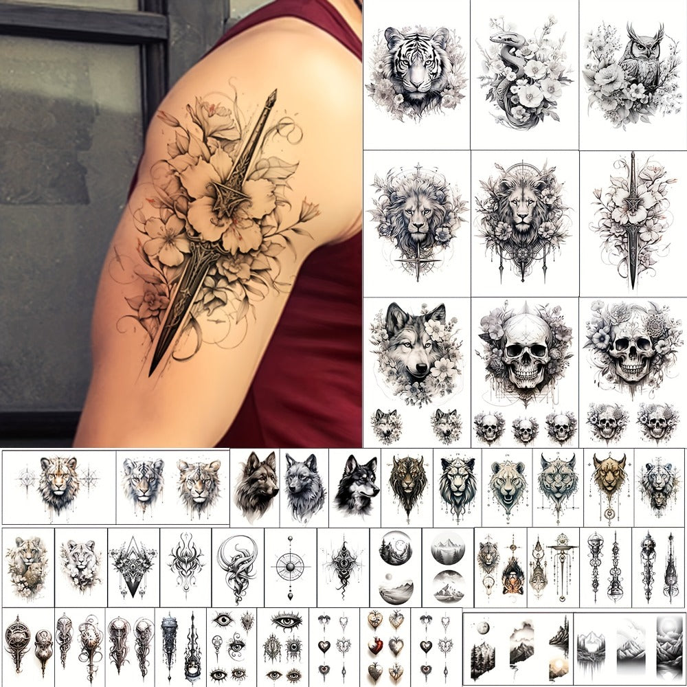 Temporary Tattoos, 44-Sheet Black Animal and Mountain Set with Wolf, Lion and Tiger Designs in Large and Small Sizes