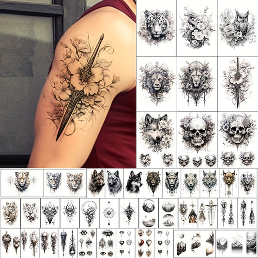 Temporary Tattoos for Men 44 Sheets Realistic Black Wolf Mountain Lion Tiger, Large & Small Fake Tattoo Stickers Waterproof Lasts 5-7 Days for Adults Half Arm Sleeve Body Art Festival Halloween Cosplay Gift