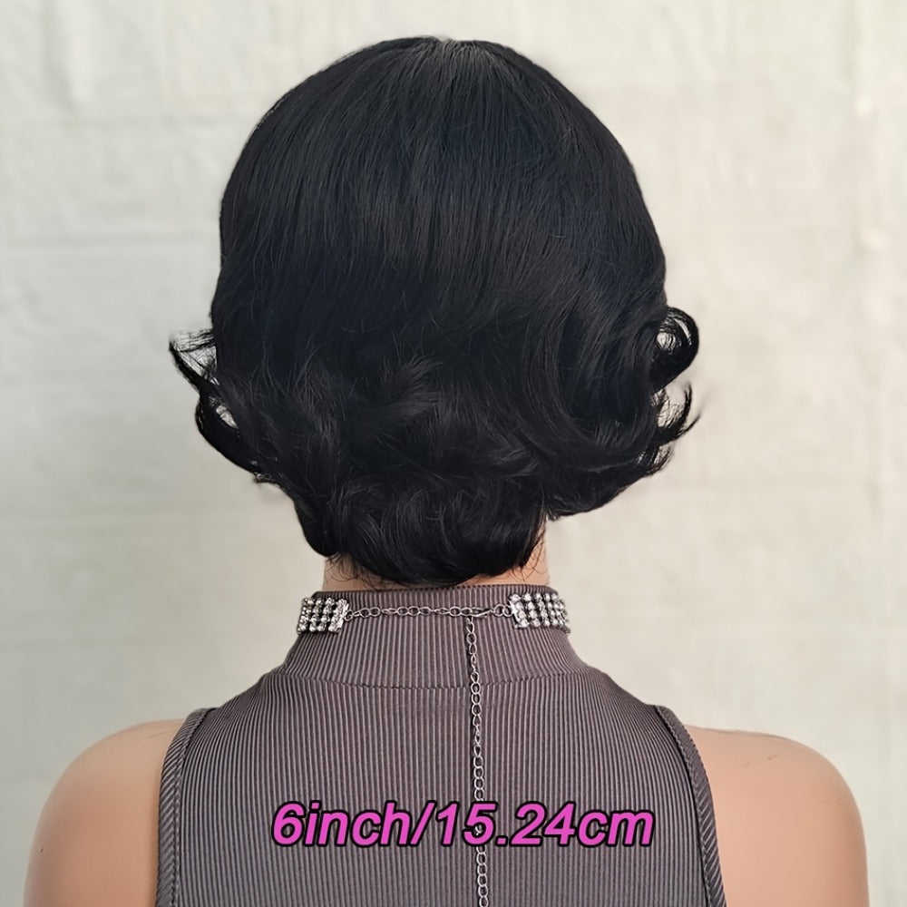 Pixie Cut Human Hair Wig with Bangs in 1B or Number 4 Color and 6 or 8 Inch Length Options