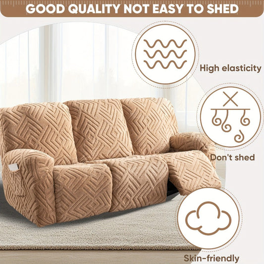 Sofa Cover Three-Seat Jacquard Knit Slipcover with Side Pocket, Elastane Stretch and Seven Solid Colors