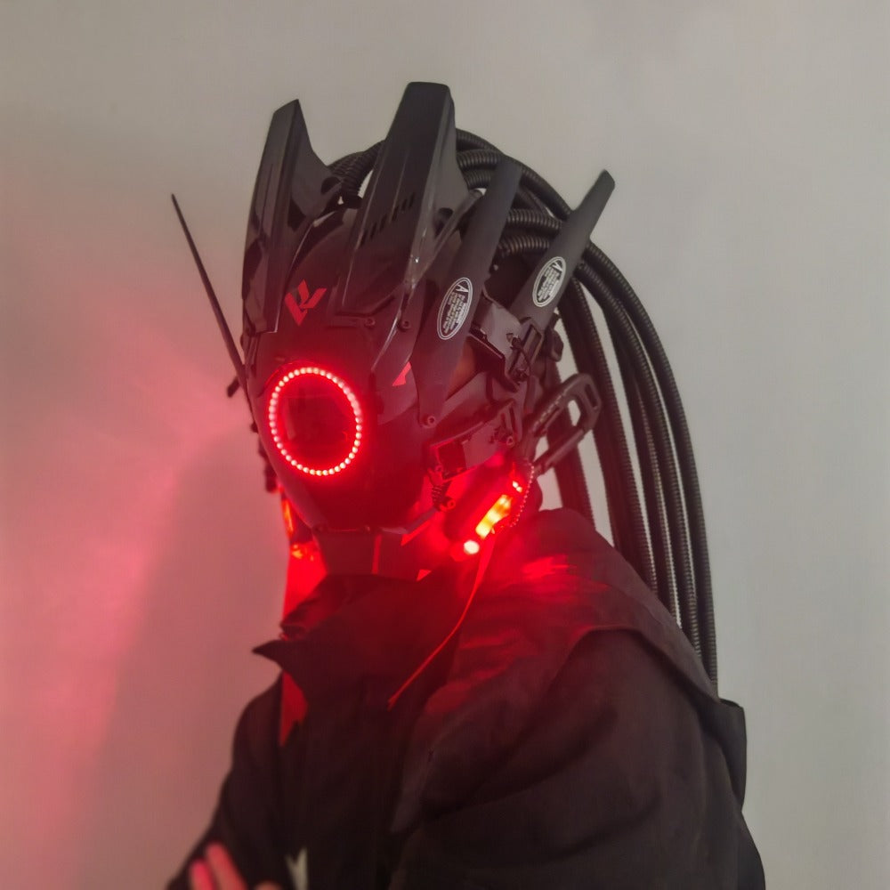 LED Braided Cyberpunk Costume Helmet with Circular Face Light and Blue, Green or Pink Accent Styles