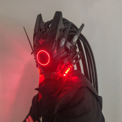 LED Braided Cyberpunk Costume Helmet with Circular Face Light and Blue, Green or Pink Accent Styles