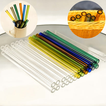 12-Pack Reusable Borosilicate Glass Straw Set with Cleaning Brushes in 6 or 8 Inch Lengths for Drinks
