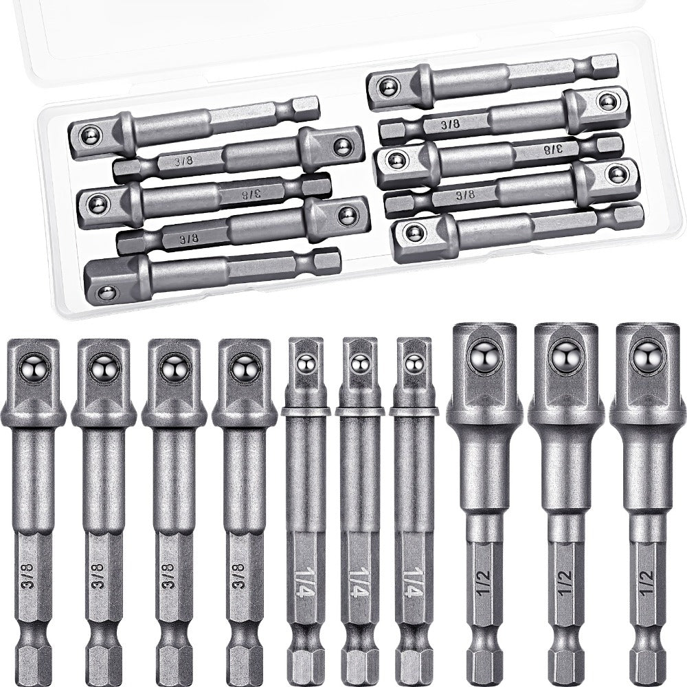 Impact Socket Adapter Set - 1/2" 3/8" 1/4" Square Drive Hex Bit Adapter for Drills & Impact Drivers, Extension Socket Converter for Automotive & DIY Repair, Silver