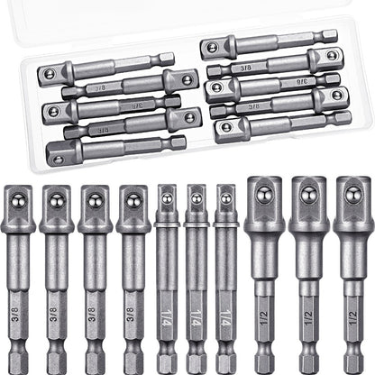 Impact Socket Adapter Set - 1/2" 3/8" 1/4" Square Drive Hex Bit Adapter for Drills & Impact Drivers, Extension Socket Converter for Automotive & DIY Repair, Silver