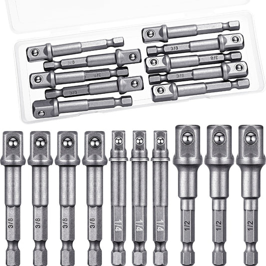 Impact Socket Adapter Set - 1/2" 3/8" 1/4" Square Drive Hex Bit Adapter for Drills & Impact Drivers, Extension Socket Converter for Automotive & DIY Repair, Silver
