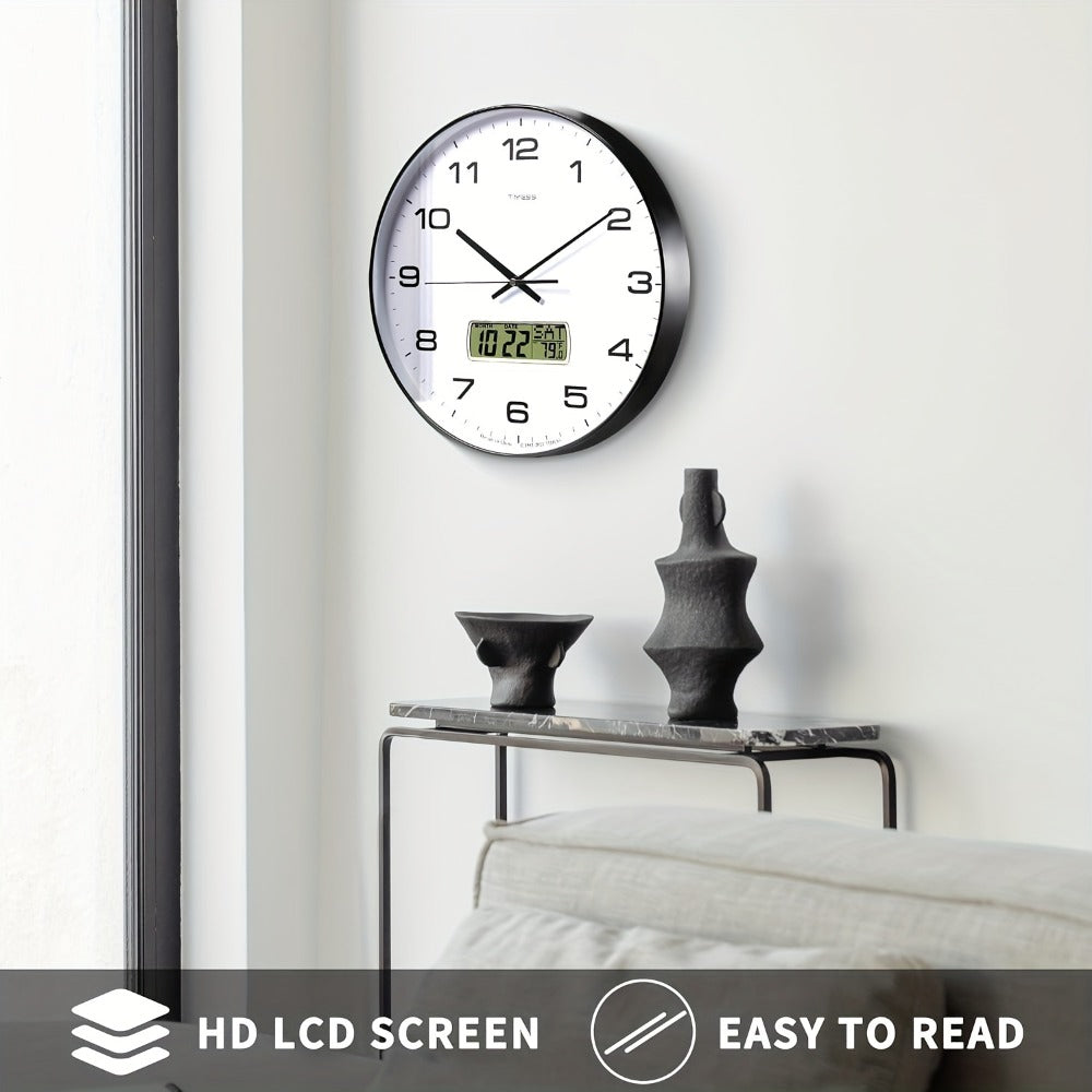 Round Analog Wall Clock with LCD Calendar and Temperature Window, Four Colors and 10- or 12-Inch Sizes