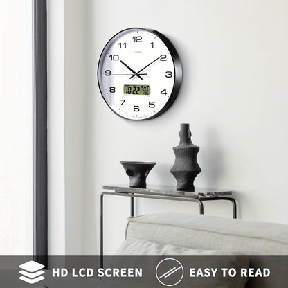 Round Analog Wall Clock with LCD Calendar and Temperature Window, Four Colors and 10- or 12-Inch Sizes