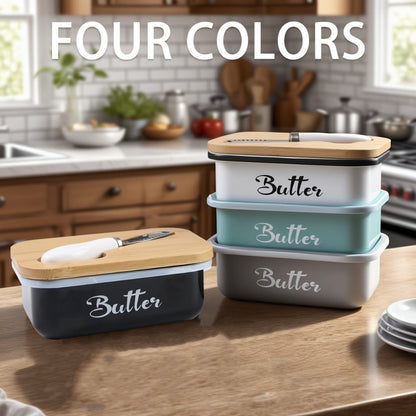 Black, Grey or Green Metal Butter Dish with Bamboo Lid, White-Handle Knife and 15.6 x 10.9 x 6 cm Size