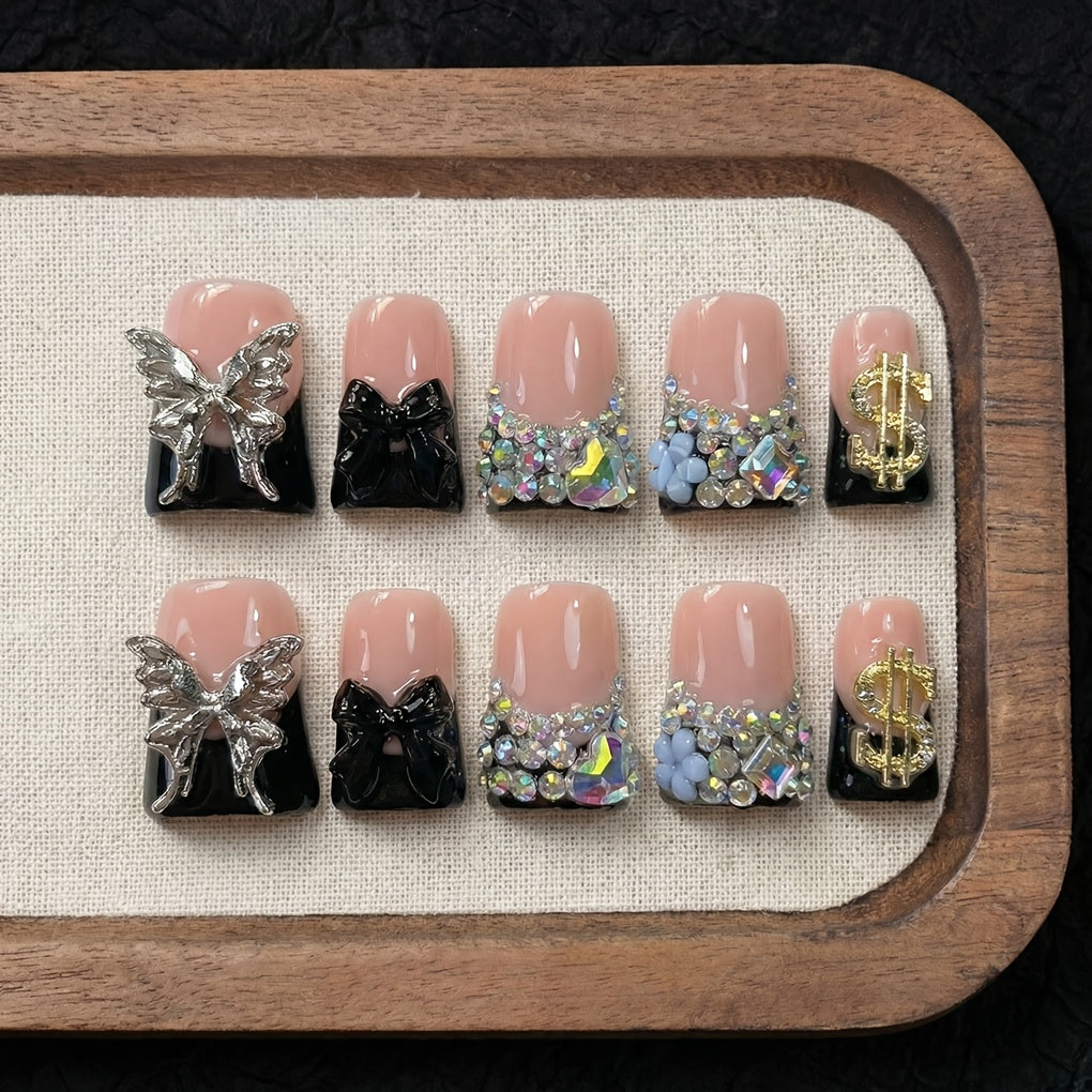 Black Nude Duckbill Press On Nails Medium Length – Glitter AB Rhinestone & Liquid Metal Butterfly Colorblock Handcrafted Acrylic Nail Set for Parties, Date Night & Daily Wear, 10pcs S/M/L