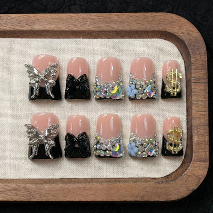 Black Nude Duckbill Press On Nails Medium Length – Glitter AB Rhinestone & Liquid Metal Butterfly Colorblock Handcrafted Acrylic Nail Set for Parties, Date Night & Daily Wear, 10pcs S/M/L