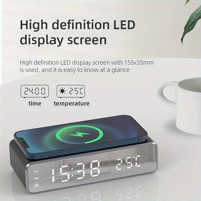 Wireless Charging Alarm Clock with Black or Silver-Tone Housing, Digital Time Display and Top Charging Surface