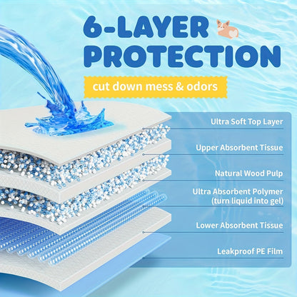 Six-Layer Disposable Pet Pads with 50, 101 or 200-Piece Pack Options and Blue-White Design