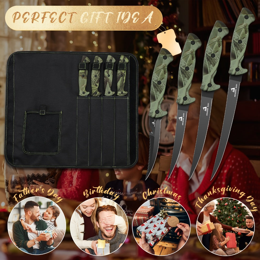 Four-Piece Fillet Knife Set with 5-, 6-, 7- and 9-Inch Labels, Zip Storage Bag and Pocket Sharpener