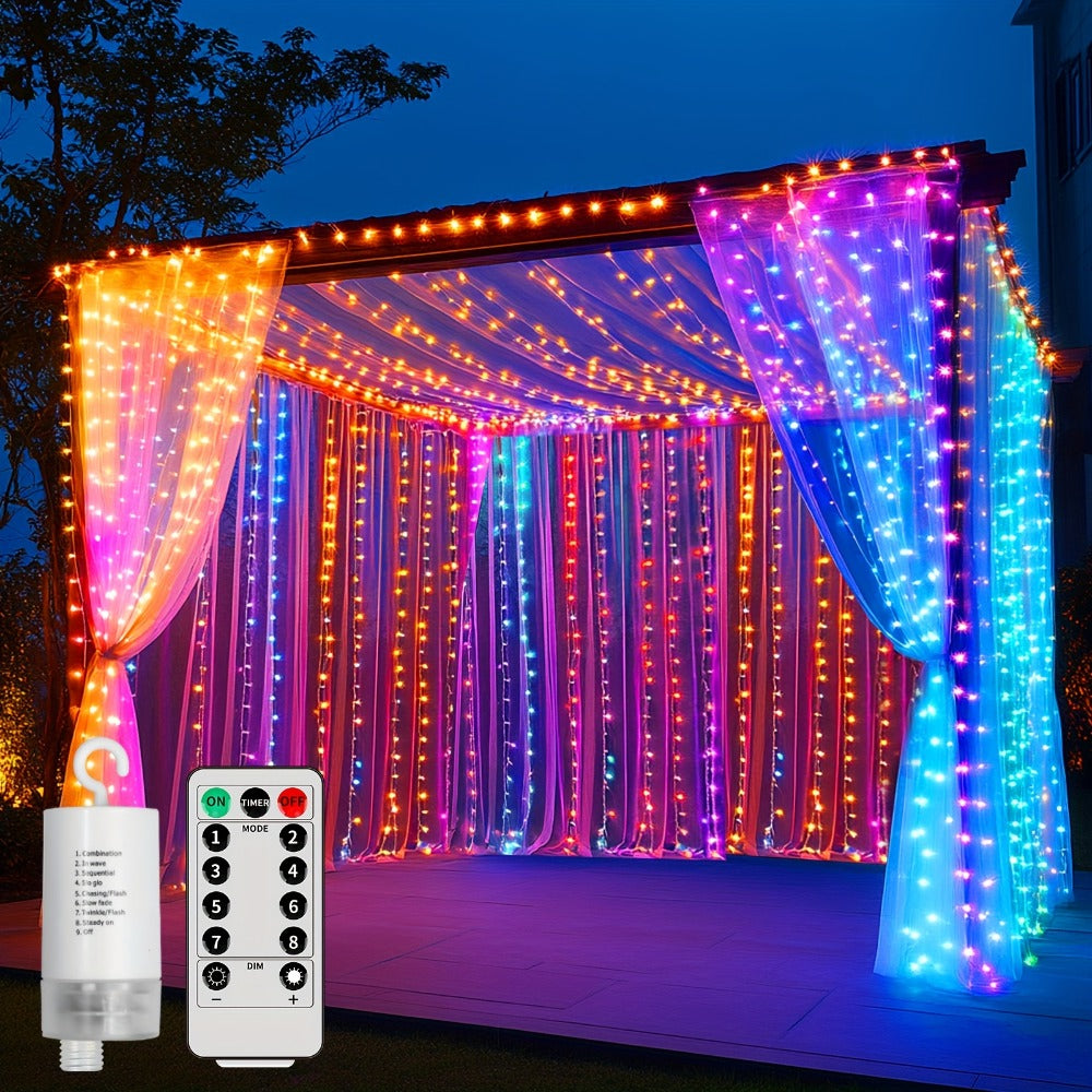 String Lights, 330-LED Waterfall Curtain Panel with Battery Power, Remote, Eight Modes and Three Colors