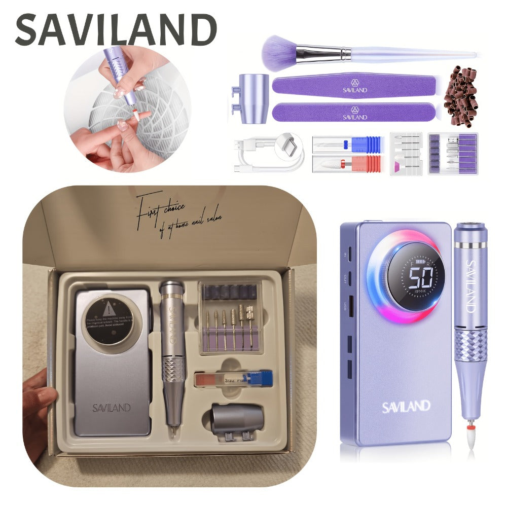 Electric Nail Drill SAVILAND Purple 50,000 RPM Rechargeable E-File with Display, Forward-Reverse and Accessory Kit