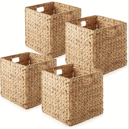 Woven Cube Storage Basket with Cutout Handles in Natural Color and One-, Two- or Four-Piece Packs