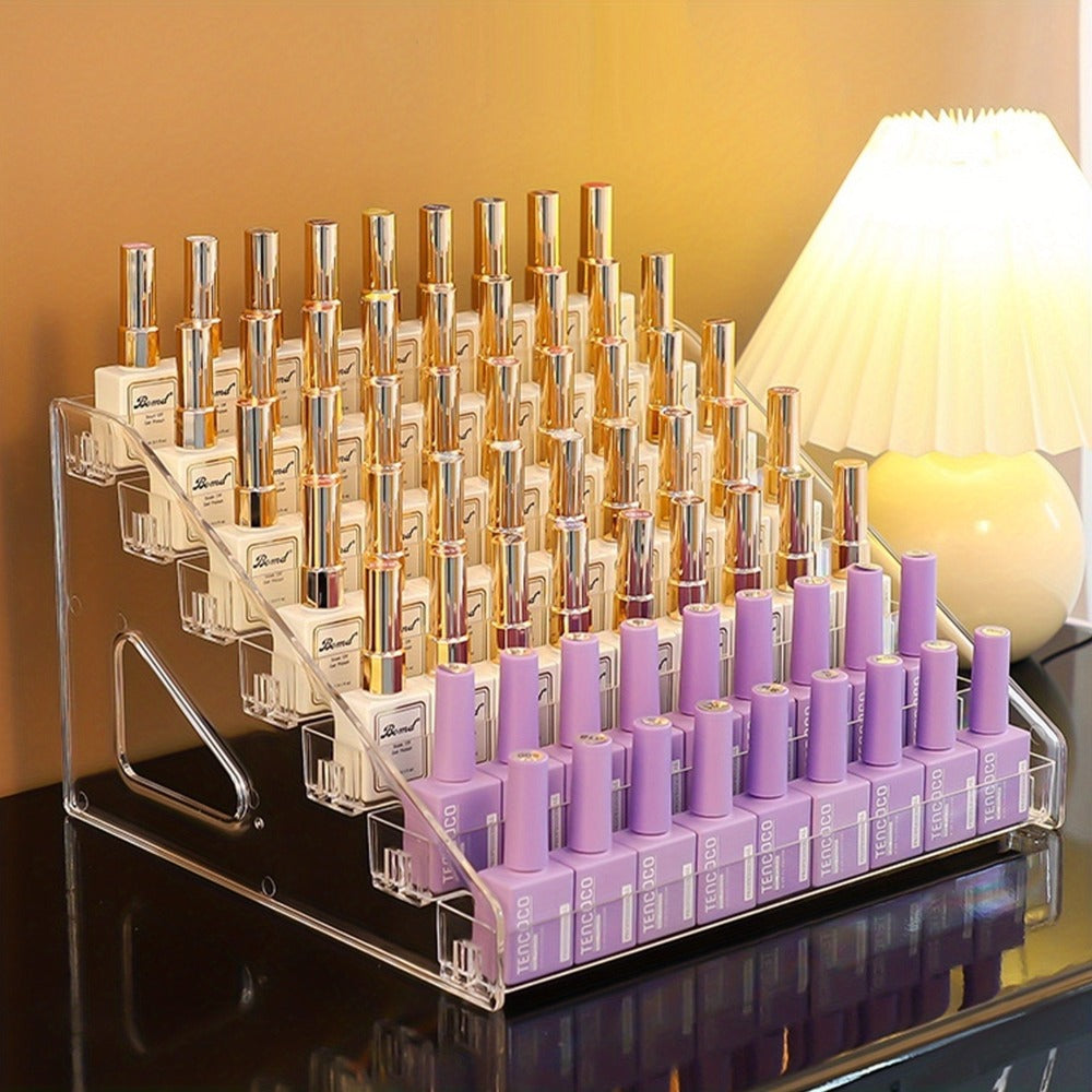 Four-Tier Transparent Nail Polish Organizer with Stepped Rows, Side Panels and Countertop Display Design