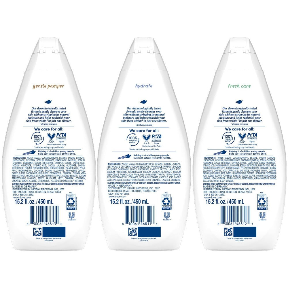 Three-Pack Dove Body Wash Variety Mix with 450ml Flip-Cap Bottles and Assorted Front Labels