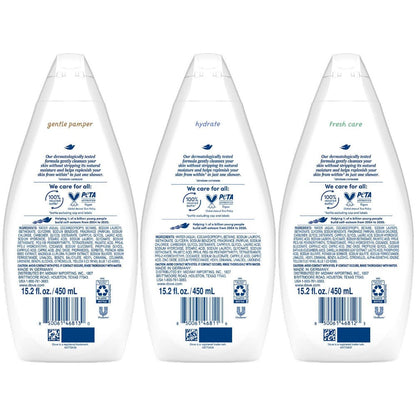 Three-Pack Dove Body Wash Variety Mix with 450ml Flip-Cap Bottles and Assorted Front Labels