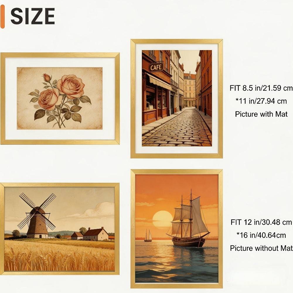 Five-Piece Gold Picture Frame Set for 12 x 16-Inch Prints or 8.5 x 11-Inch Photos with Mats
