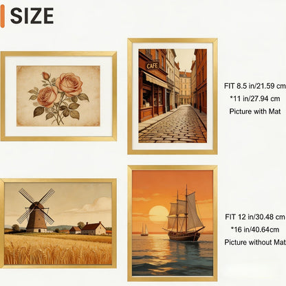 Five-Piece Gold Picture Frame Set for 12 x 16-Inch Prints or 8.5 x 11-Inch Photos with Mats