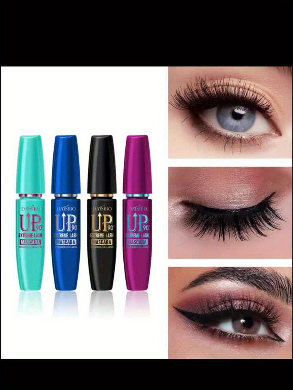 Black Mascara Four-Piece Set with Turquoise, Blue, Black and Magenta Tubes and Straight Bristle Wands