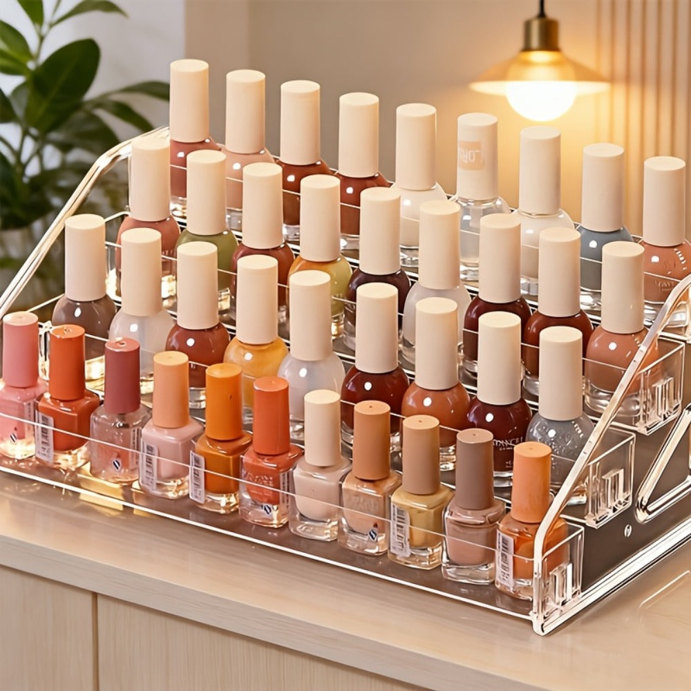 Four-Tier Clear Nail Polish Display Rack with Stepped Shelves and Transparent Checkout Configuration