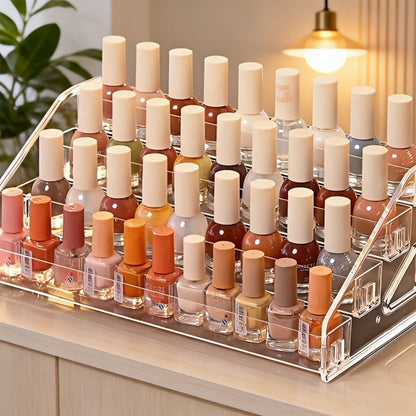 Four-Tier Clear Nail Polish Display Rack with Stepped Shelves and Transparent Checkout Configuration
