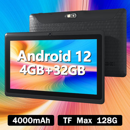 7 Inch Android 12 Tablet, 4GB RAM 32GB ROM, Quad-Core IPS HD Display, 4000mAh Battery, 2MP+5MP Dual Camera, Type-C Charging – Compact Portable Tablet for Kids & Adults, Black