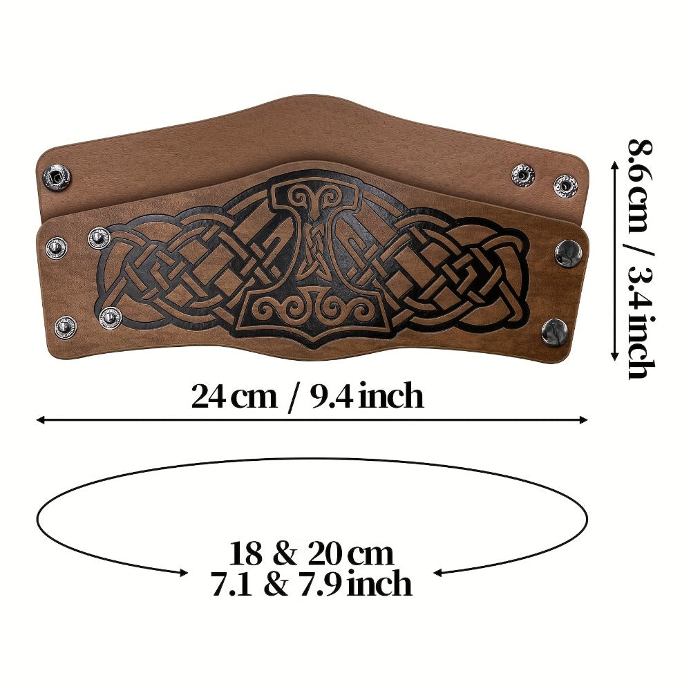 Viking Leather Cuff Bracelet Set 2pcs Norse Mythology Mjolnir Vegvisir Embossed Wristband for Men Women Halloween Gift
