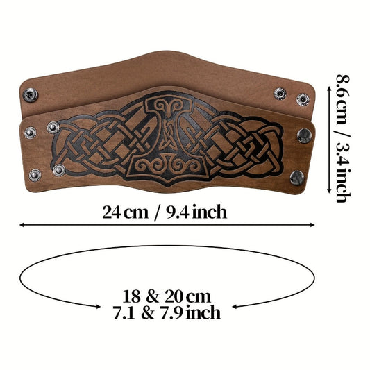 Viking Leather Cuff Bracelet Set 2pcs Norse Mythology Mjolnir Vegvisir Embossed Wristband for Men Women Halloween Gift