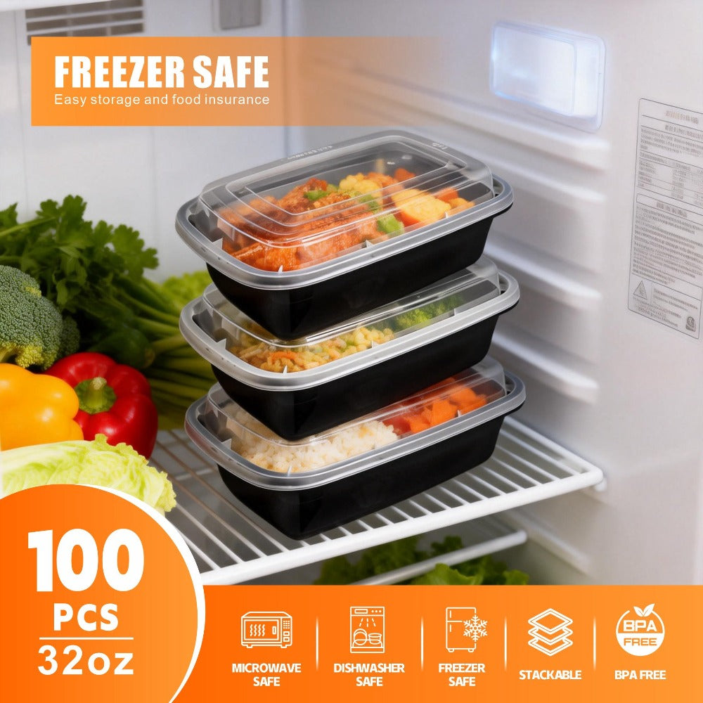Food Storage Containers 100-Piece Black Meal Prep Set with 50 Boxes, 50 Lids and 32 oz Capacity